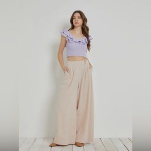 NEW Overlap Waist Crinkled Cotton Pants Light Beige